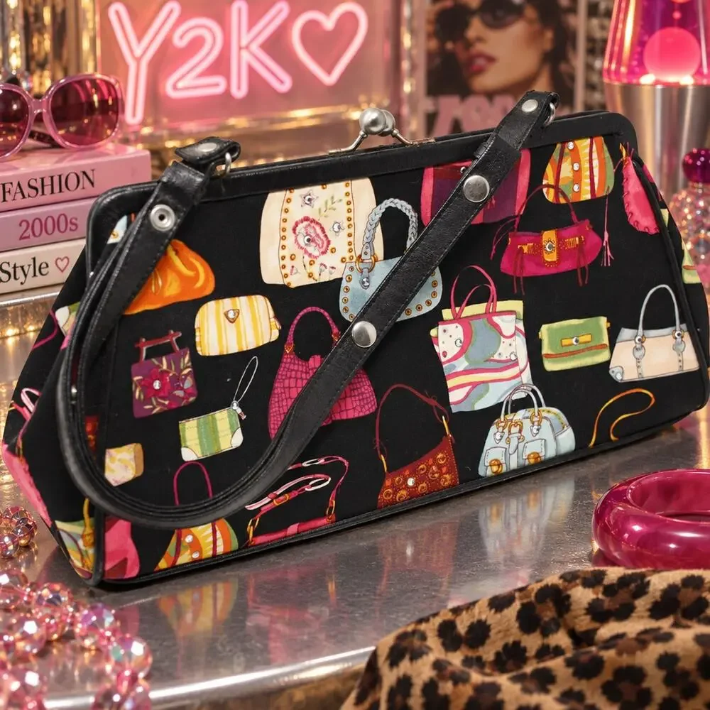 Vintage Far Nine Y2K Novelty Handbag Purse Print Snap Lock Top Handle - Hey Viv